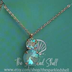 12mm/8mm‎ Seamist Delite & Lt Azore AB Crystal Necklace w/ Rose Gold Tone Chain